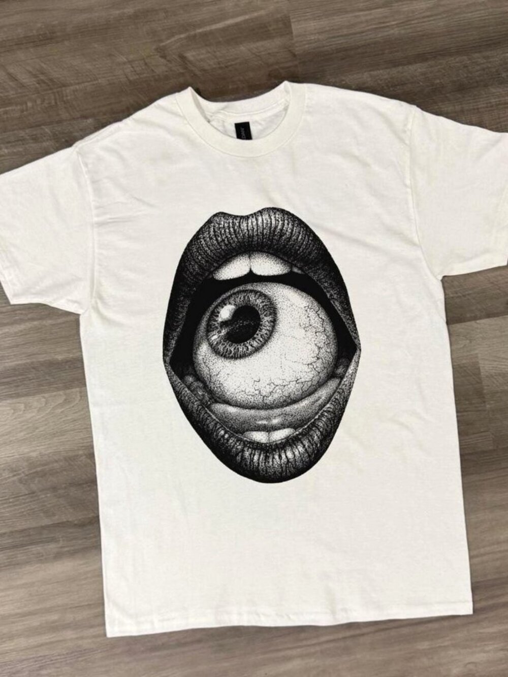 White Gildan T-Shirt, Eye in Mouth Graphic Tee Shirt